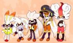  5others absurdres agent_3_(splatoon) agent_3_(splatoon)_(cosplay) agent_3_(splatoon_3) agent_3_(splatoon_3)_(cosplay) agent_4_(splatoon) agent_4_(splatoon)_(cosplay) agent_8_(splatoon) agent_8_(splatoon)_(cosplay) amberlea animal_ears animal_feet animal_hands animal_nose arm_at_side artist_name bike_shorts black_shirt blue_fur body_fur bottomless bracelet cinderace closed_mouth clothed_pokemon commentary cosplay covered_mouth crop_top crossed_arms english_commentary evolutionary_line full_body furry half-closed_eyes hand_on_own_chest hand_on_own_hip hand_on_own_stomach hand_to_own_mouth hand_up happy headphones high-visibility_vest highres hood hood_down hooded_jacket jacket jewelry legs long_sleeves looking_at_another looking_to_the_side multicolored_fur multiple_others open_mouth orange_background orange_fur orange_hair orange_outline other_focus outline patchwork_clothes pigeon-toed pointy_ears pokemon pokemon_(creature) rabbit_ears rabbit_tail raboot red_eyes red_fur redhead scorbunny shirt short_hair single_bare_shoulder single_sleeve sleeveless sleeveless_shirt smile socks splatoon_(series) splatoon_1 splatoon_2 splatoon_3 split_mouth standing striped striped_socks tail teeth thighs toeless_legwear torn_clothes torn_shirt twitter_username vest watermark white_fur white_outline yellow_jacket yellow_vest zipper_pull_tab 