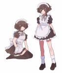  1girl 2girls akiyama_yukari alternate_costume apron back_bow black_dress black_footwear black_thighhighs bow bowtie brown_eyes brown_hair closed_mouth commentary dress enmaided frilled_dress frills girls_und_panzer grey_bow grey_bowtie highres kneeling large_bow loafers looking_at_viewer maid maid_apron maid_headdress messy_hair multiple_girls multiple_views puffy_short_sleeves puffy_sleeves ri_(qrcode) shoes short_dress short_hair short_sleeves simple_background skirt_hold smile socks standing thigh-highs white_apron white_background white_socks 