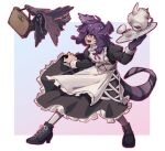  1girl ahoge apron commentary_request criangle_k. cup dragon_girl dragon_tail ember_(selen_tatsuki) full_body hair_over_one_eye head_wings high_heels long_sleeves maid maid_apron necktie nijisanji nijisanji_en open_mouth purple_hair selen_tatsuki solo tail teacup teapot teeth tongue violet_eyes wings 