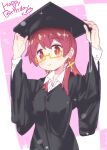  1girl arms_up black_headwear black_robe commentary doku_momo dot_nose glasses hair_between_eyes hands_on_headwear happy_birthday hat highres long_hair long_sleeves looking_at_viewer low_twintails mortarboard murosaki_miyo onii-chan_wa_oshimai! red_eyes redhead robe semi-rimless_eyewear shirt simple_background smile solo sparkle twintails under-rim_eyewear upper_body white_shirt wide_sleeves wing_collar yellow_eyes 