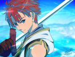  1boy adol_christin ahoge blue_eyes blue_sky dated gloves highres holding holding_sword holding_weapon looking_at_viewer ocean outdoors over_shoulder redhead short_hair signature sky sleeveless smile solo sword sword_over_shoulder tinybiard twitter_username weapon weapon_over_shoulder ys ys_x_nordics 