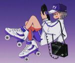  1girl baseball_cap blunt_ends brand_name_imitation commentary from_side full_body gradient_background grey_hair hat highres holding holding_phone long_sleeves looking_at_object nao97122 ntt_docomo original phone profile purple_background purple_headwear purple_shorts roller_skates short_hair shorts skates solo sweater symbol-only_commentary white_footwear white_sweater 