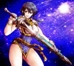  1girl absurdres armor belt black_hair breastplate commission commissioner_upload drawing_sword fire_emblem fire_emblem:_genealogy_of_the_holy_war fire_emblem_heroes glint gloves highres holding holding_sword holding_weapon larcei_(fire_emblem) night no_panties pauldrons pelvic_curtain sheath shooting_star shoulder_armor skirt smile smug solo sword tana_taka_3rder thighs tomboy tunic unsheathing violet_eyes weapon white_armor 