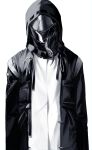  1other absurdres arknights coat cracked_mask doctor_(arknights) facing_viewer greyscale highres hood hood_up hooded_coat long_sleeves long_tongue mask monochrome open_clothes open_coat oxy_(ho2) sharp_teeth simple_background teeth tongue white_background 