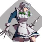  absurdres bow braid breasts commentary green_bow grey_background grey_hair hair_bow highres holding holding_knife izayoi_sakuya knife long_sleeves maid maid_headdress medium_hair open_mouth strong_anus touhou twin_braids 