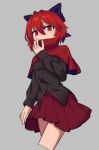  1girl :/ black_bow black_shirt blue_bow bow breasts cape cloak cowboy_shot cropped_legs grey_background hair_between_eyes hair_bow hand_up high_collar light_blush long_sleeves looking_at_viewer pleated_skirt red_cape red_eyes red_skirt redhead sekibanki shirt short_hair simple_background skirt small_breasts solo strangenovel touhou 