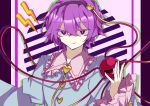  black_hairband closed_mouth commentary hairband heart komeiji_satori lightning_bolt_symbol long_sleeves looking_at_viewer purple_hair short_hair smile souko_illust symbol-only_commentary third_eye touhou upper_body violet_eyes wide_sleeves 