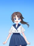  1girl :d blue_background blue_eyes blue_skirt blush brown_hair highres kisaragi_hina long_hair looking_at_viewer open_mouth original pleated_skirt ponytail shirt short_sleeves simple_background skirt smile solo white_shirt 