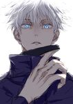  1boy black_blindfold blindfold blindfold_down blue_eyes commentary gojou_satoru high_collar jujutsu_kaisen long_sleeves looking_at_viewer male_focus nori20170709 parted_lips short_hair simple_background solo white_background white_hair 