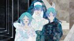  3others alternate_costume ambiguous_gender androgynous asylum_(location) bad_source blue_eyes hair_ornament highres houseki_no_kuni long_sleeves looking_at_viewer multiple_others phosphophyllite phosphophyllite_(ll) shirokuko short_hair smile 