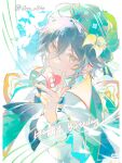  1boy androgynous aqua_eyes aqua_hair black_hair braid capelet flower genshin_impact green_capelet green_headwear happy_birthday highres low_twin_braids male_focus multicolored_hair shirt solo twin_braids twitter_username venti_(genshin_impact) white_shirt xiannu168 yellow_flower 