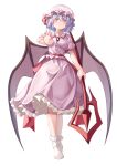  1girl bat_wings closed_mouth commentary full_body hat hat_ribbon highres looking_at_viewer maboroshi_mochi mob_cap no_shoes pink_headwear pink_shirt pink_skirt purple_hair red_eyes red_ribbon remilia_scarlet ribbon shirt short_hair short_sleeves simple_background skirt smile spear_the_gungnir standing touhou white_background wings 