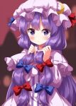  1girl :/ blush bunching_hair capelet commentary_request crescent crescent_hat_ornament dress hands_up hat hat_ornament highres long_hair looking_at_viewer mob_cap patchouli_knowledge purple_background purple_dress purple_hair ruu_(tksymkw) simple_background solo striped touhou upper_body vertical_stripes very_long_hair violet_eyes 