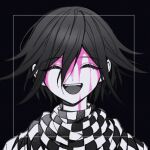  1boy :d black_background black_hair blood blood_on_face checkered_clothes checkered_scarf closed_eyes danganronpa_(series) danganronpa_v3:_killing_harmony facing_viewer hair_between_eyes highres male_focus oma_kokichi pink_blood portrait sakura_ichi scarf smile solo teeth two-tone_scarf upper_teeth_only 