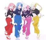  4girls black_shirt blue_eyes blue_hair blue_pants blush bocchi_the_rock! closed_eyes cube_hair_ornament full_body gotou_hitori green_eyes hair_between_eyes hair_ornament highres ijichi_nijika kita_ikuyo long_hair multiple_girls one_side_up open_mouth pants pink_hair pink_pants red_pants redhead shirt shoes short_hair short_sleeves signature simple_background smile sutera_sea white_background white_footwear yamada_ryou yellow_eyes yellow_pants 