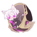  1boy animal_ear_fluff animal_ears animification apex_legends black_jacket black_shirt cat_boy cat_ears cat_tail chibi collared_shirt crypto_(apex_legends) four_have. hair_between_eyes helmet highres holding holding_helmet jacket kemonomimi_mode looking_at_viewer mini_person miniboy multicolored_hair necktie official_alternate_costume purple_necktie shirt solo solo_focus streaked_hair tail technocrat_crypto 