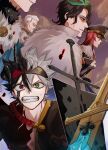  ahoge asta_(black_clover) black_bulls_(emblem) black_clover black_hair clenched_teeth closed_mouth conrad_leto edward_avalache gen_me green_eyes grey_hair heterochromia highres horns jester_garandros light_smile looking_at_viewer multicolored_hair parted_lips princia_funnybunny red_eyes single_horn spiky_hair sword teeth weapon 