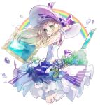  1girl :o alternate_costume blonde_hair blue_flower bow braid commentary_request dress flower from_side green_eyes hand_up hat hat_bow lillie_(pokemon) long_hair petals pokemon pokemon_(game) pokemon_sm purple_bow purple_ribbon ribbon signature solo sumeragi1101 sun_hat twin_braids white_dress wrist_cuffs 