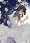  1girl armor braid brown_hair closed_eyes dress feet_out_of_frame flower from_side highres long_dress long_hair original petals shoulder_armor solo twin_braids uyuyuun white_dress 