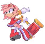  1girl amy_rose artist_name boots dress gloves hammer heartludwig highres holding holding_hammer holding_weapon pink_footwear red_dress signature simple_background sonic_(series) watermark weapon white_gloves 