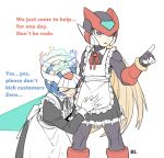  2boys android artist_name bi_51334 blonde_hair crossdressing cyber_elf_x_(mega_man) english_commentary english_text helmet highres holding holding_sword holding_weapon long_hair maid male_focus mega_man_(series) mega_man_zero_(series) multiple_boys sweatdrop sword weapon x_(mega_man) z_saber zero_(code_geass) 