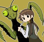  1girl antennae brown_background brown_hair bug commentary dot_mouth dress from_behind grey_dress hand_up highres holding holding_knife knife long_hair long_sleeves looking_at_viewer looking_back low_twintails mob_face monster no_sclera original outline praying_mantis shirt simple_background sleeves_past_wrists takurada translated twintails upper_body white_outline white_shirt white_sleeves 