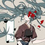  1girl blue_eyes blue_hair blue_hakama bright_pupils closed_mouth dated floating_hair flower flower_over_eye flower_request hakama hand_up hatsune_miku inkblot japanese_clothes kimono long_hair looking_to_the_side looking_up mani_mani_(vocaloid) messy_hair muneate petals red_flower red_kimono simple_background sixii sleeves_rolled_up solo twitter_username upper_body very_long_hair vocaloid white_pupils 
