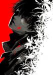  1boy black_hair black_jacket black_reaper blood blood_on_face collar dark_persona expressionless flower glasses jacket kaneki_ken kiyohara_hiro looking_up red_background red_eyes round_eyewear solo spider_lily sweat tokyo_ghoul turtleneck upper_body 