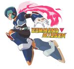  1boy armor belt body_armor bodystocking boots forehead_jewel gauntlets gloves green_eyes helmet highres logo looking_to_the_side mega_man_(series) mega_man_x:_command_mission mega_man_x_(series) official_alternate_costume phfr3843 red_scarf running scarf white_background x_(mega_man) 
