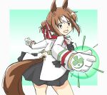  1girl :d absurdres animal_ears black_skirt border brown_hair clover_hair_ornament clover_print fine_motion_(umamusume) from_side gloves green_background hair_between_eyes hair_bun hair_ornament hair_ribbon highres horse_ears horse_girl horse_tail jacket long_sleeves looking_at_viewer looking_to_the_side multicolored_hair ribbon shikararemimi simple_background single_hair_bun skirt smile solo tail tail_through_clothes two-tone_hair umamusume white_border white_gloves white_hair white_jacket yellow_eyes 