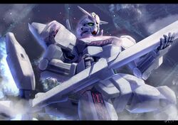  beam_cannon energy_cannon english_commentary green_eyes gundam gundam_calibarn gundam_suisei_no_majo highres holding_cannon mecha mobile_suit no_humans robot science_fiction solo tetsuya_tsuji thrusters upper_body v-fin 