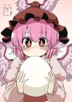  1girl animal_ears azumaya_toushirou bird_ears bird_wings blush brown_dress brown_eyes brown_headwear closed_mouth dress egg frilled_sleeves frills hair_between_eyes hat highres holding holding_egg long_sleeves mystia_lorelei pink_hair pink_wings short_hair solo touhou upper_body winged_hat wings 