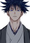  1boy black_hair blue_eyes commentary fushiguro_megumi japanese_clothes jujutsu_kaisen looking_at_viewer male_focus nori20170709 parted_lips portrait short_hair simple_background solo white_background 