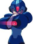  1boy arm_cannon armor attack body_armor bodystocking boots fighting_stance forehead_jewel gauntlets glaring gloves glowing glowing_eye green_eyes helmet looking_at_viewer mega_man_(series) mega_man_x_(series) phfr3843 shoulder_armor weapon white_background x_(mega_man) 