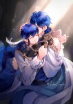  2boys artist_name blue_hair closed_eyes creyton father&#039;s_day father_and_son fire_emblem fire_emblem:_genealogy_of_the_holy_war hand_on_another&#039;s_head headband highres hug long_hair medium_hair multiple_boys seliph_(fire_emblem) sidelocks sigurd_(fate) very_long_hair white_headband 