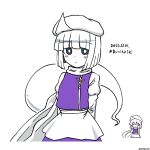  2girls black_eyes bright_pupils closed_mouth commentary cosplay dated ghost highres hoshii_1213 juliet_sleeves konpaku_youmu konpaku_youmu_(ghost) lapel_pin letty_whiterock letty_whiterock_(cosplay) long_sleeves looking_at_viewer multiple_girls puffy_sleeves purple_vest scarf short_hair simple_background solo_focus touhou twitter_username vest white_background white_hair white_headwear white_pupils white_scarf 