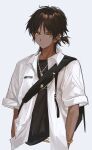  1boy arknights bishounen black_shirt brown_hair coat dark-skinned_male dark_skin highres jewelry male_focus necklace orange_eyes pienahenggou ponytail shirt simple_background solo tagme thorns_(arknights) upper_body white_background white_coat 