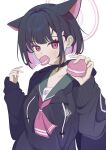  1girl absurdres animal_ears black_hair blue_archive cat_ears free_donut halo highres kazusa_(blue_archive) looking_at_viewer multicolored_hair pink_eyes pink_hair simple_background solo two-tone_hair white_background 