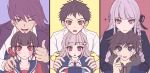  3boys 3girls ;d black_gloves black_ribbon black_sailor_collar blue_background blunt_bangs blush braid brown_eyes brown_hair closed_mouth collarbone commentary_request d: danganronpa:_trigger_happy_havoc danganronpa_(series) danganronpa_2:_goodbye_despair danganronpa_v3:_killing_harmony facial_hair gloves goatee green_hoodie grey_hair hair_ornament hair_ribbon hair_scrunchie hairclip handheld_game_console harukawa_maki head_on_head head_rest highres hinata_hajime holding holding_handheld_game_console hood hood_down hoodie jacket kirigiri_kyoko light_brown_hair long_hair looking_at_viewer looking_down low_twintails mole mole_under_eye momota_kaito multiple_boys multiple_girls naegi_makoto nanami_chiaki neck_ribbon nintendo_switch one_eye_closed open_clothes open_jacket pink_background pink_eyes pink_ribbon portrait purple_hair purple_jacket red_scrunchie red_shirt ribbon sailor_collar satori_(aosky9077) scrunchie shirt short_sleeves side_braid smile spiky_hair sweatdrop teeth thumbs_up twintails two-sided_fabric two-sided_jacket two-tone_shirt upper_teeth_only white_shirt yellow_background 