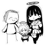  1boy 2girls apron arona&#039;s_sensei_doodle_(blue_archive) blue_archive chibi closed_eyes closed_mouth commentary_request greyscale hair_between_eyes halo holding_hands jacket jitome juliet_sleeves long_sleeves maid maid_apron maid_headdress monochrome multiple_girls nyaru_(nyaru_4126) parted_lips pleated_skirt puffy_sleeves rio_(blue_archive) sensei_(blue_archive) shirt simple_background skirt thigh-highs toki_(blue_archive) white_background 