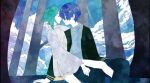  2others alternate_costume androgynous bad_source blue_eyes closed_eyes hidden_forest houseki_no_kuni long_sleeves looking_at_viewer multiple_others phosphophyllite phosphophyllite_(ll) shirokuko short_hair sitting sitting_on_lap sitting_on_person sky:_children_of_the_light 