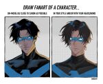  1boy bandaid bandaid_on_cheek bandaid_on_face batman_(series) beens_1995 black_bodysuit black_hair blue_bodysuit bodysuit closed_mouth crossed_bandaids dc_comics dick_grayson domino_mask draw_fanart_challenge english_text highres looking_at_viewer male_focus mask muscular muscular_male nightwing short_hair simple_background superhero taut_bodysuit two-tone_bodysuit western_comics_(style) 