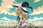  1girl blonde_hair clouds cloudy_sky cowboy_shot expressionless field floating_hair frills hat highres kirisame_marisa landscape long_hair looking_afar natsume_(menthol) outdoors profile scenery sky solo touhou twitter_username witch_hat yellow_eyes 