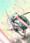  1girl battle bent_over black_eyes black_hairband clenched_teeth danmaku dodging dual_wielding dust energy_ball fighting full_body ghost glowing green_skirt green_vest hair_ribbon hairband highres hitodama holding katana konpaku_youmu looking_ahead magic ribbon rightorisamraido3 running scabbard serious sheath short_hair skirt skirt_set solo sword teeth touhou unsheathed v-shaped_eyebrows vest weapon white_hair 