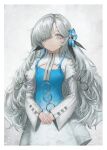  1girl absurdres blue_dress blue_flower blue_hair coqc dress expressionless flower gradient_dress grey_eyes grey_hair hair_flower hair_ornament hair_over_one_eye highres isekai_joucho kamitsubaki_studio long_hair long_sleeves looking_at_viewer multicolored_hair own_hands_together parted_lips solo two-tone_dress two-tone_hair upper_body very_long_hair virtual_youtuber white_dress 