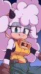  1girl absurdres bell belt blue_eyes breasts brown_belt brown_gloves cowbell gloves grin highres lanolin_the_sheep large_breasts looking_at_viewer neck_bell pants plague_of_gripes shirt sleeveless smile solo sonic_(series) sonic_the_hedgehog_(idw) teeth yellow_shirt 