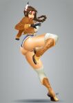  ass braid brown_eyes brown_hair daisy_dukes from_behind leather_boots leather_jacket leg_up looking_at_viewer michelle_chang micro_shorts native_american short_shorts tekken 