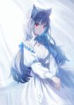 1girl animal_ear_fluff animal_ears blue_hair cat_ears cat_girl dress grey_hair highres long_hair long_sleeves looking_at_viewer maid_headdress original puffy_long_sleeves puffy_sleeves red_eyes shi-ro white_dress white_hair