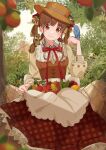  1girl animal_on_shoulder apron apron_basket bird bird_on_hand blurry blurry_foreground blush boater_hat brown_hair brown_shirt depth_of_field food fruit hair_rings head_tilt highres idolmaster idolmaster_shiny_colors long_sleeves looking_at_viewer neck_ribbon outdoors polka_dot polka_dot_skirt raichita ribbon shirt skirt smile solo sonoda_chiyoko squirrel waist_apron 