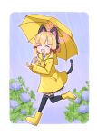  1girl :d ^_^ animal_ear_headphones animal_ears black_thighhighs blonde_hair blue_archive blue_flower boots bow closed_eyes commentary_request day drawstring facing_viewer fake_animal_ears flower full_body hair_bow halo harada_(sansei_rain) headphones highres holding holding_umbrella hood hood_down hooded_jacket jacket long_sleeves momoi_(blue_archive) parted_bangs rain raincoat red_bow rubber_boots sidelocks smile solo tail thigh-highs umbrella yellow_footwear yellow_jacket yellow_umbrella 